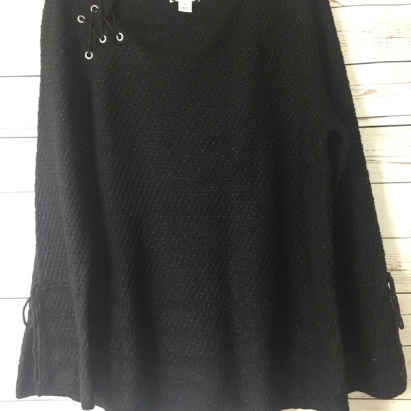 Style Co Lace-Up Lantern-Sleeve Deep Black Sweater - Picture 1 of 8